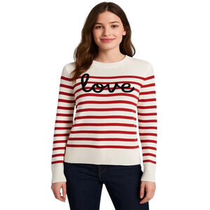 Marled LOVE Sweater Women S White Red Striped Cozy Preppy Winter Casual Pullover